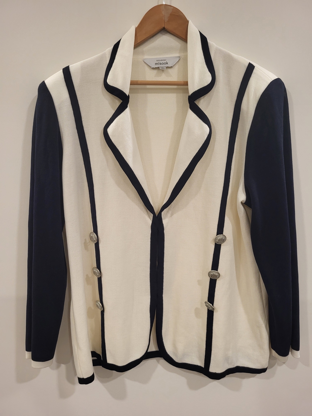 Misook Cream & Navy Contrast Trim Blazer XL Nautical Buttons Quiet Luxury VTG